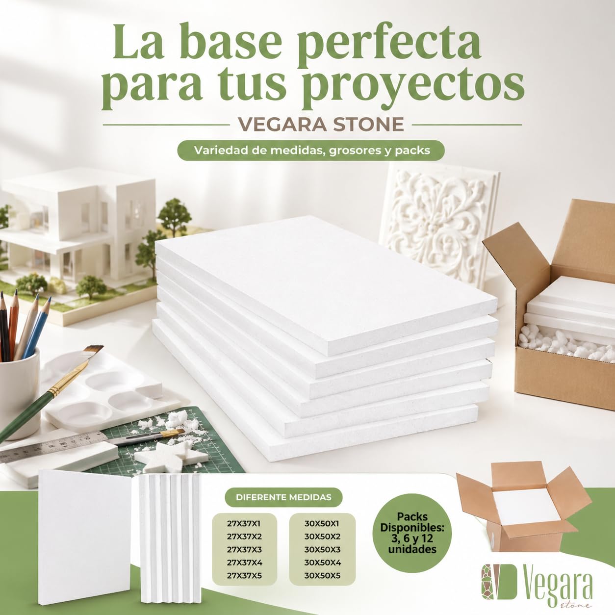 Planchas de Poliestireno Blanco (6 Unidades, 27x37x3 cm) - Laminas Ligeras y Lisas para Manualidades, Fabricadas en España"