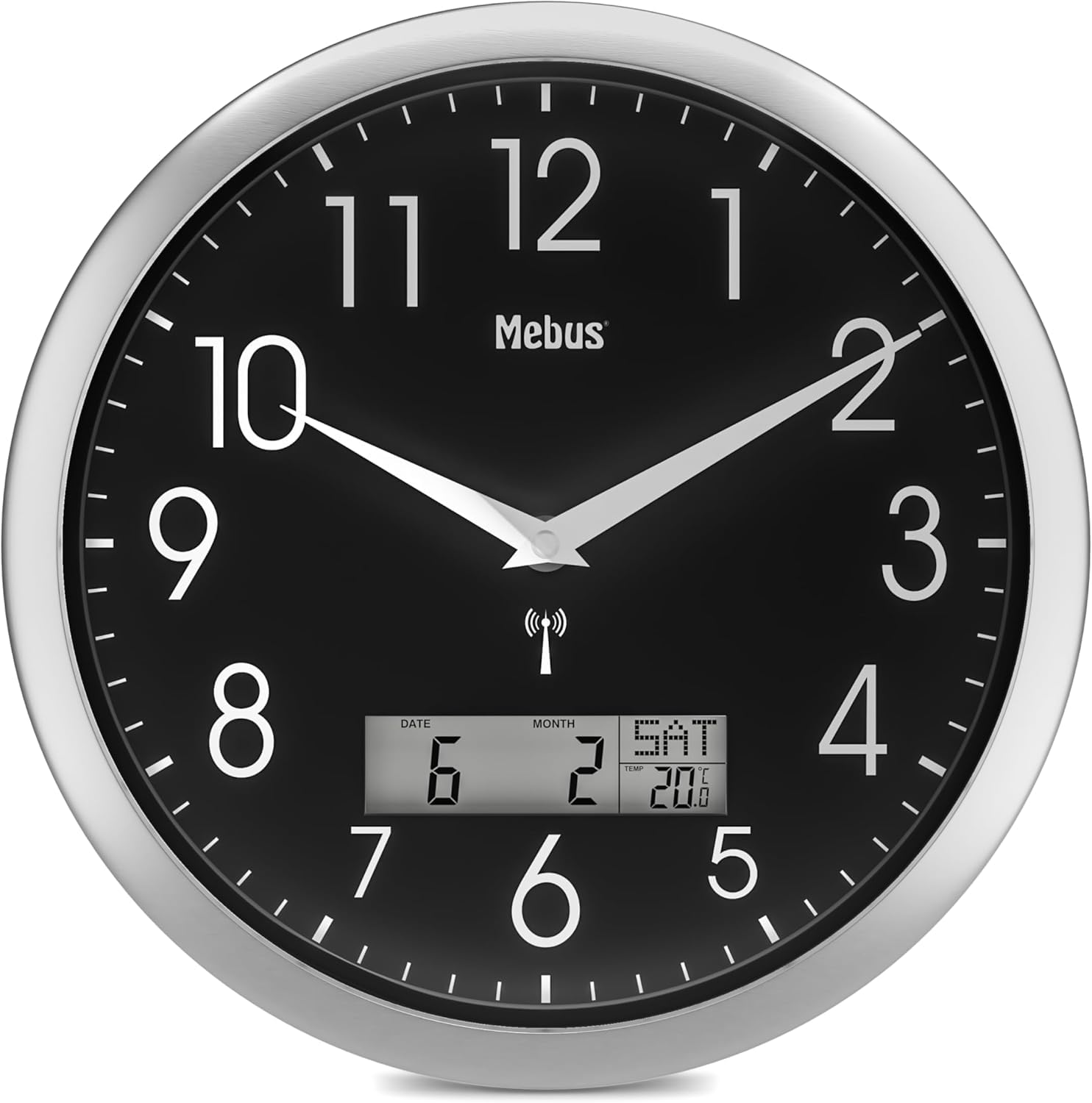Mebus Analogue Radio-Controlled Wall Clock 29 cm Large Easy to Read & Silent Round Radio-Controlled Clock without Ticking Noises and Large Dial for Kitchen, Living Room, Office, Children's Room |