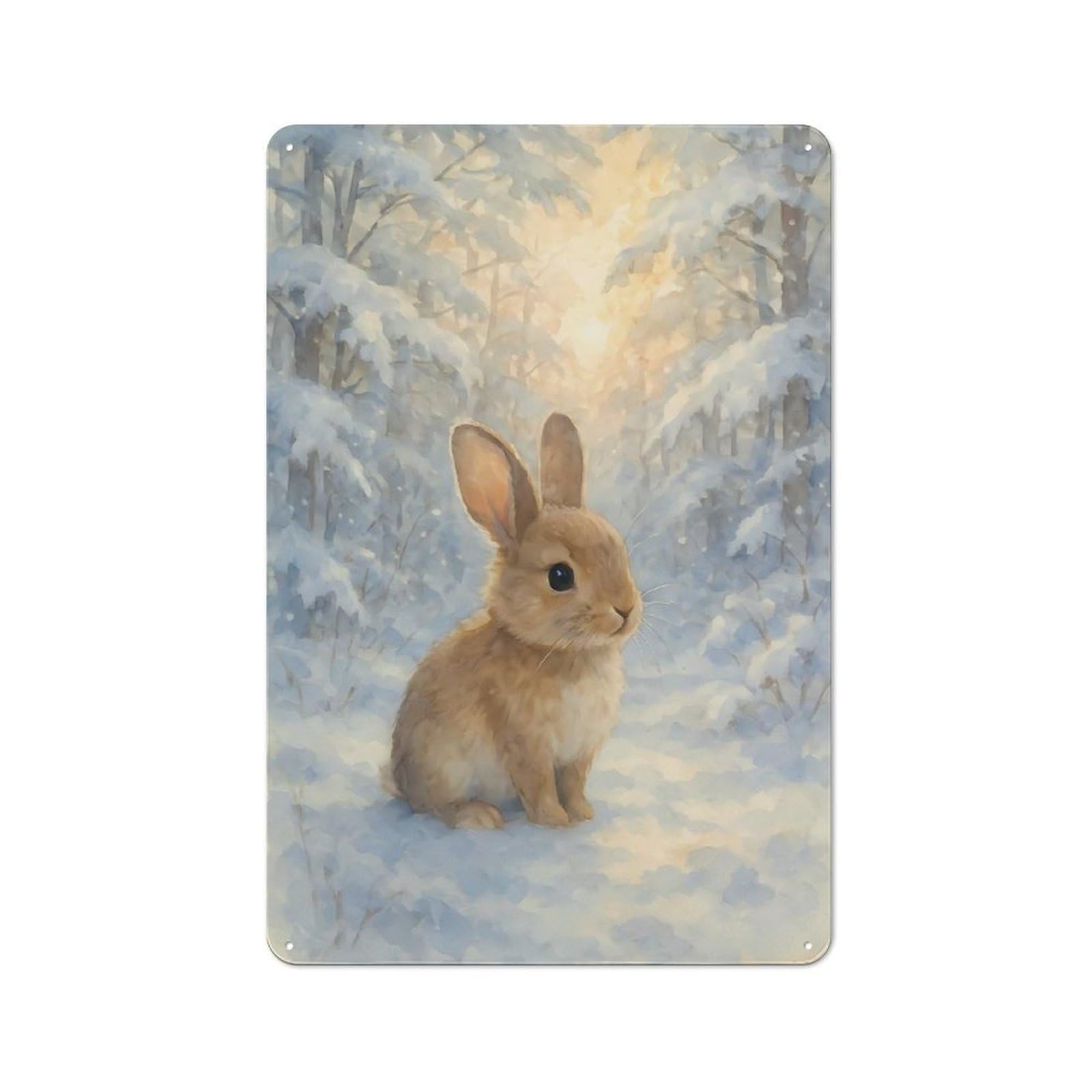 Junmoney Watercolor Rabbit In Winter Forest Tin Wall Plaque 30X20cm With For Home Office Or Studio, A New Home Present For Creative Workspace Decorators
