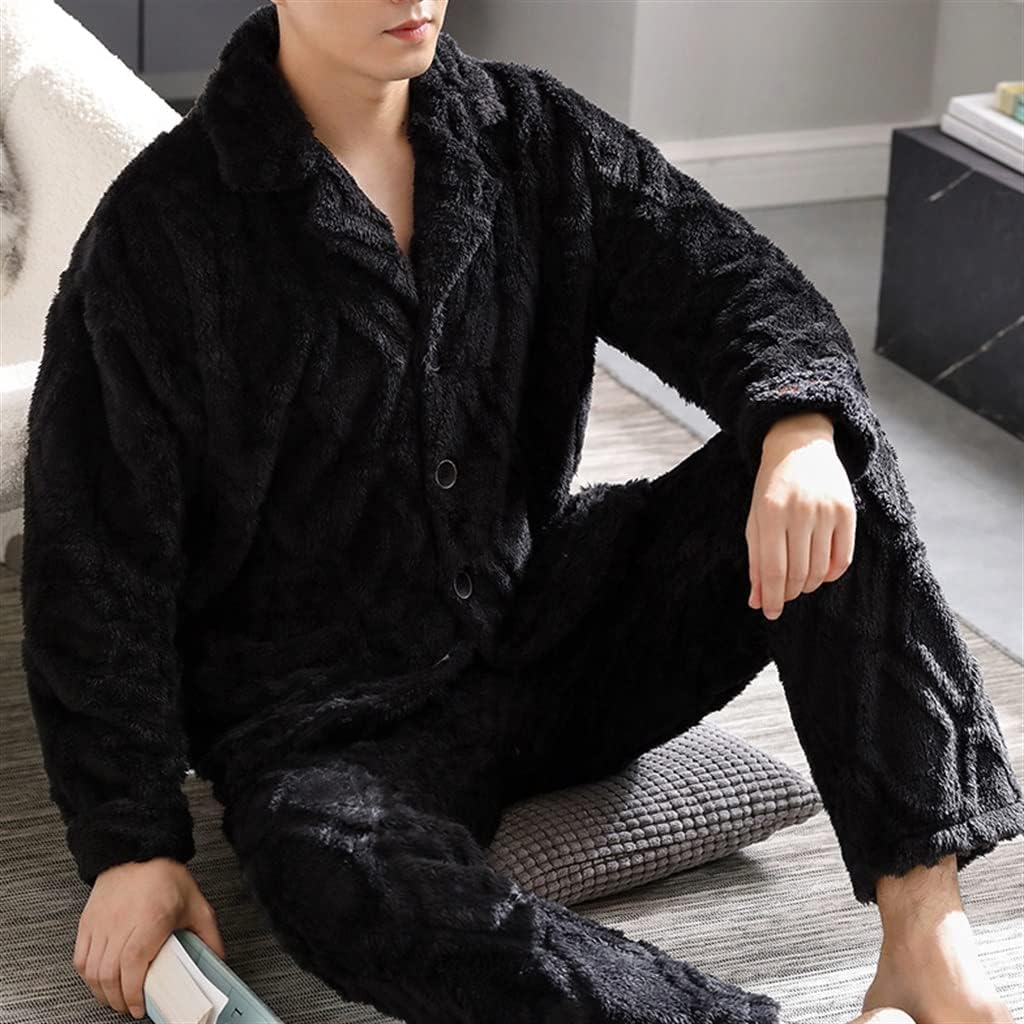 Men's Winter Thickening and Fleece Coral Homewear Large Size Black Suit