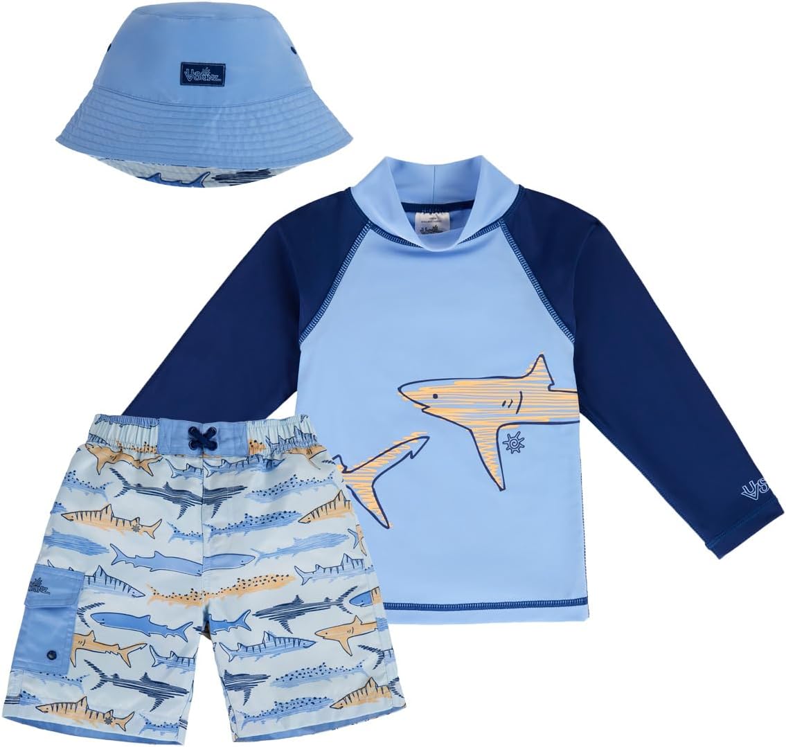 UV SKINZ Boys 3-Piece Swim Set with UPF 50+ Long Sleeve Rash Guard, Swim Shorts & Hat
