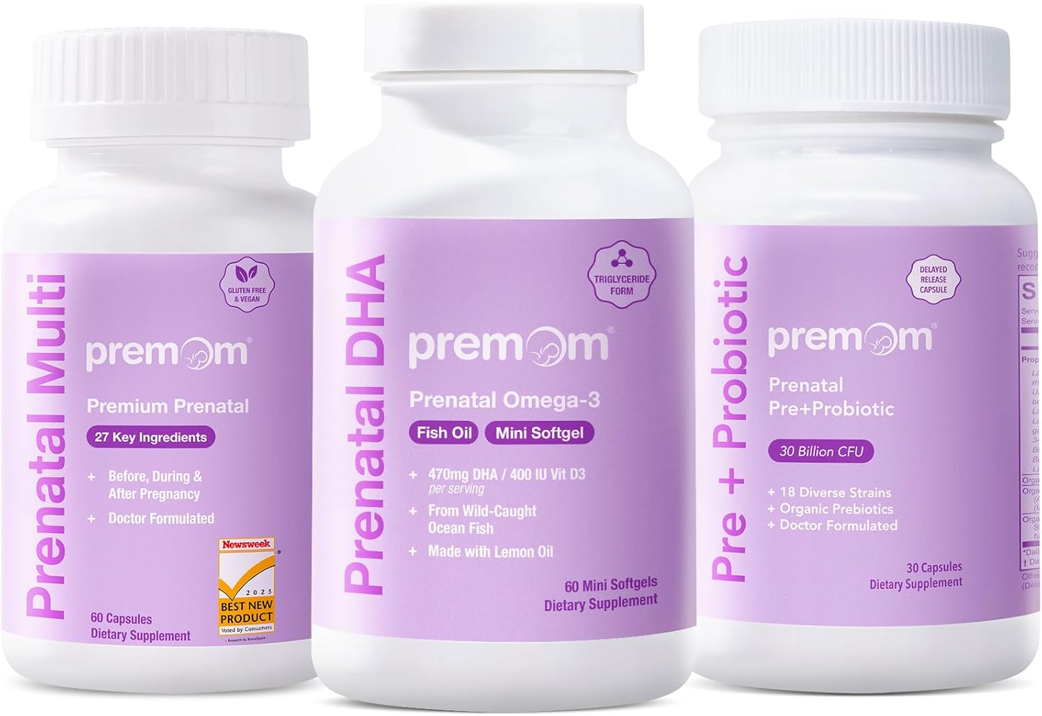 Premom Prenatal Probiotics + Prenatal DHA Fish Oil + Prenatal Formula Vitamin