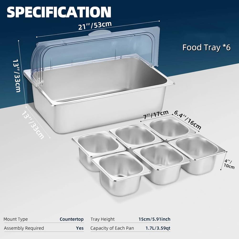 Vitrina refrigerada para ensaladas y especias, de acero inoxidable contenedor expositor de sobremesa para alimentos con hielo ideal para restaurantes, hoteles (6 compartimentos)