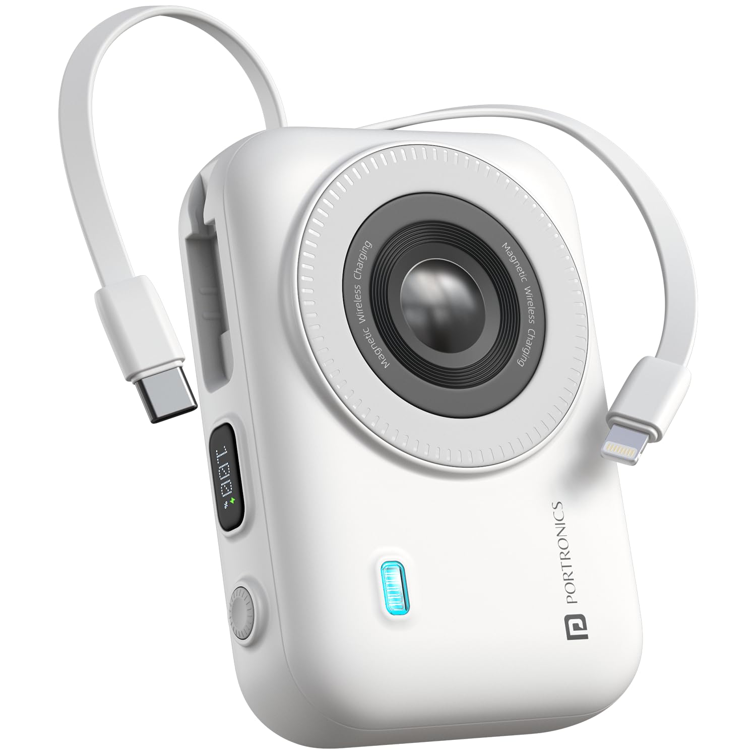 Portronics Power Shutter 20000mAh 15W Magnetic Wireless Fast Charging Powerbank with in-Built Type C & 8 Pin Cable, 22.5W Type C PD Output, Type C Bidirectional Port, LED Display (White)