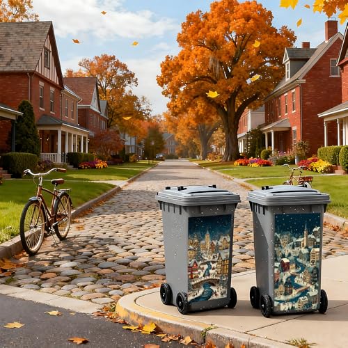 Image of 2 PC Trash Can Sticker 14.57 x 32.28 Inch Christmas Village Winter Town Vinyl Sticker with River Bridge Night Light and Snow House Pattern for Outdoor Garbage Bin Garden Yard Decor
