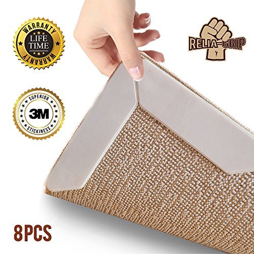 J&B Rug Grippers Premium 8 pcs Anti Curling - Non-Slip Pads For Flat Corners. Renewable Gripper Tape For Carpet, Rugs & Hardwood Floors. Strongest Adhesive Rug Pad w/ No Sticky Residue by Relia Grip