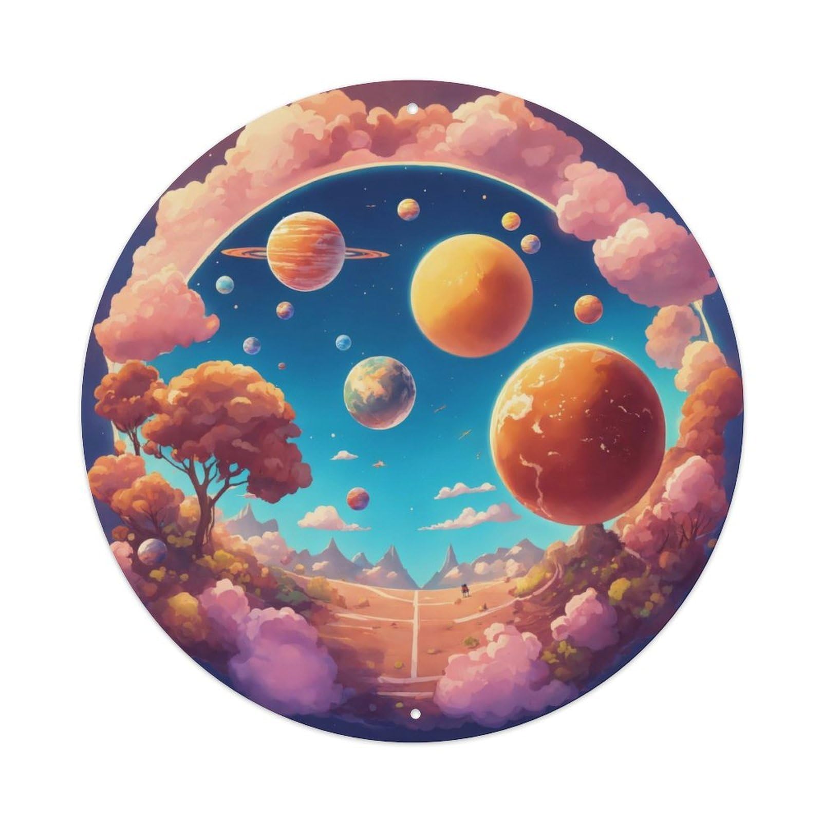 Space Poster Starry Oasis Adventure Vintage Metal Tin Sign Plaque Wall Decor for Cafe, Club, Garden Round Metal Poster 8x8Inch