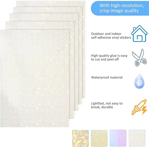 Miniatura 3 de Papel adhesivo holográfico de vinilo transparente, autoadhesivo, impermeable, arco iris, película de superposición transparente, tamaño A4, D1-QXLSM