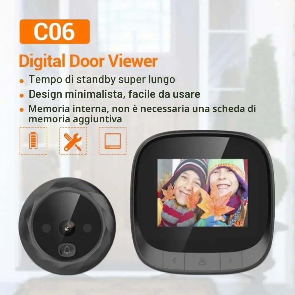 Spioncino Elettronico 2,4" – Visione Notturna IR-Memoria | ABS nero. 1 ora di carica = 1 mese di autonomia. Per porte 35-110 mm e foro 14-45 mm.