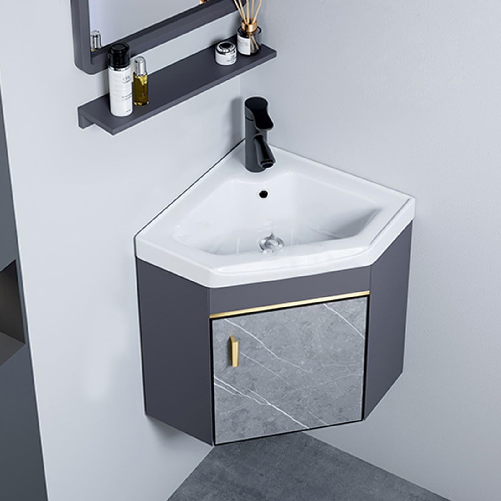 SGKOMN Small Corner Bathroom Vanity with Sink, Wall Mounted Compact White Vessel Sink, Ceramic Sink, with Cold and Hot Water Pipe Faucet, for Home Kitchen Patio Room, 38cm/15in