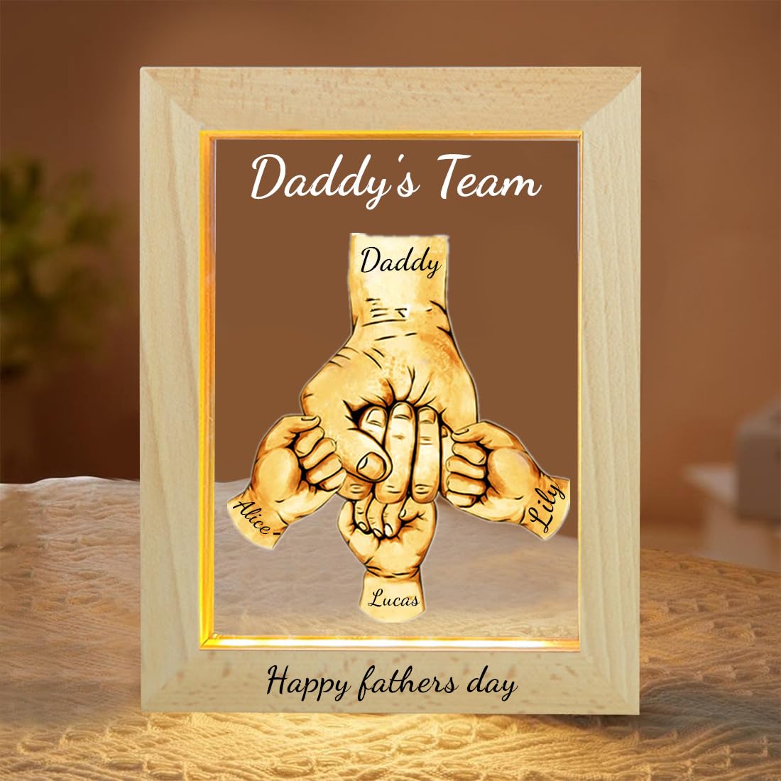 Ozinna Daddy's Team Fist Bump Acrylic LED Night Light, Personalized with Kid's Names, Ideal Fathers Day, Christmas, Birthday Gift, Style 4
