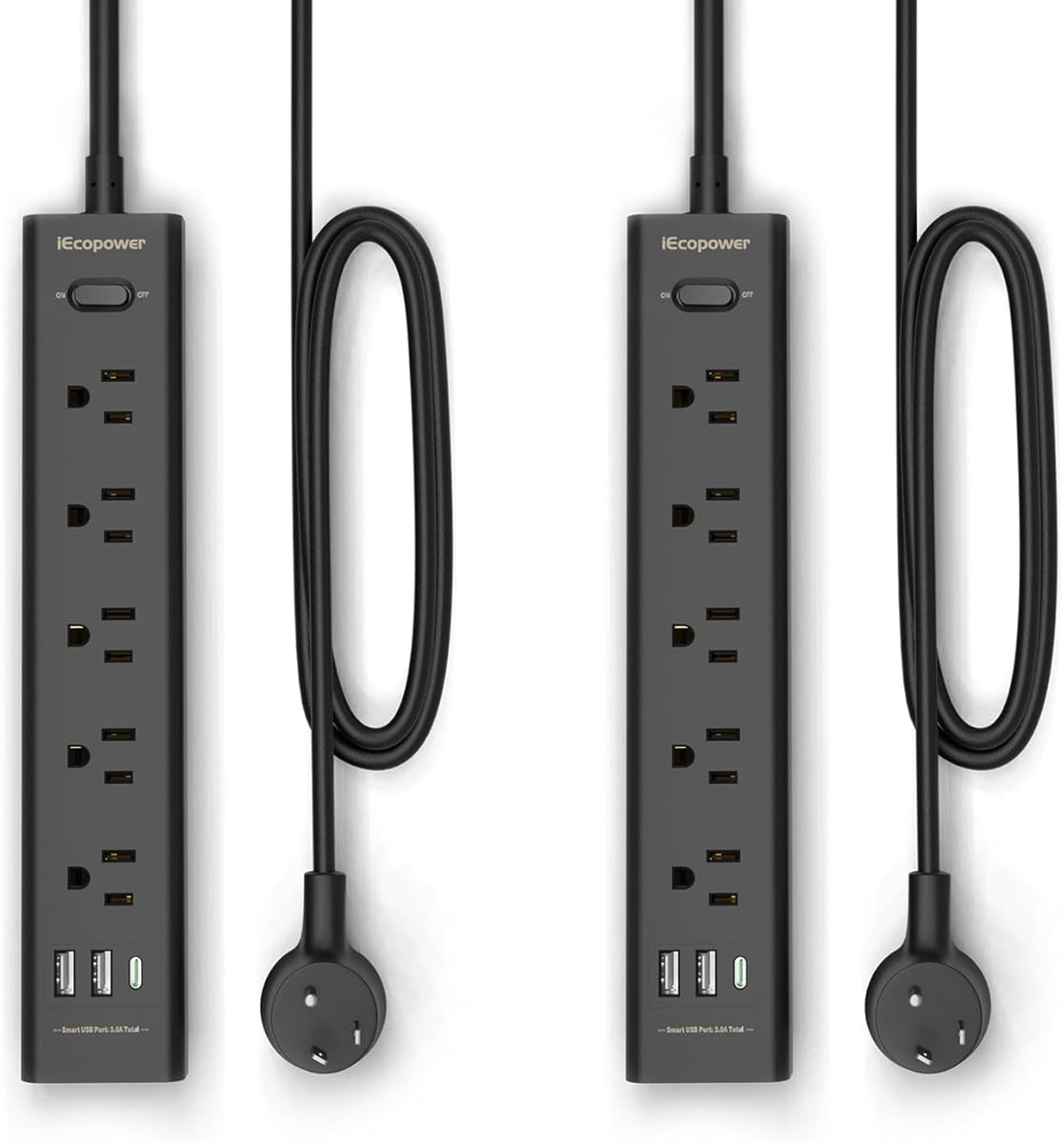 10FT Long Surge Protector Power Strip-with 5 Widely Outlets and 3 USB Ports(1 USB C Port),10 Foot Extension Cord(1250W/10A),Wall Mount for Home Office,700 J,Black(2 Pack) : Electronics