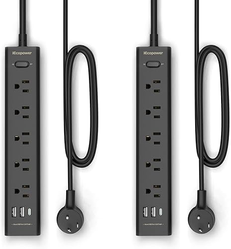 Paquete de 2 protectores de sobretensiones con 5 enchufes ampliamente espaciados, 3 puertos USB (1 puerto USB C), 1250 W10 A con cable de extensión