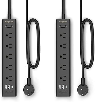 10FT Long Surge Protector Power Strip-with 5 Widely Outlets and 3 USB Ports1 USB C Port,10 Foot Extension Cord1250W/10A,Wall Mount for Home Office,700 J,Black2 Pack
