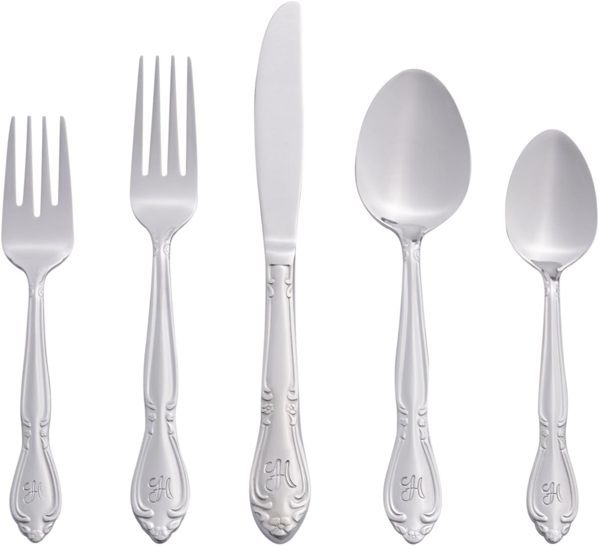 RiverRidge Rose Monogrammed Flatware Set 46 Piece Silverware - H - Utensils Set with Serving Pieces, Heavy Gauge Stainless Steel, Mirror Finish, Dishwasher Safe Cutlery for Daily Use