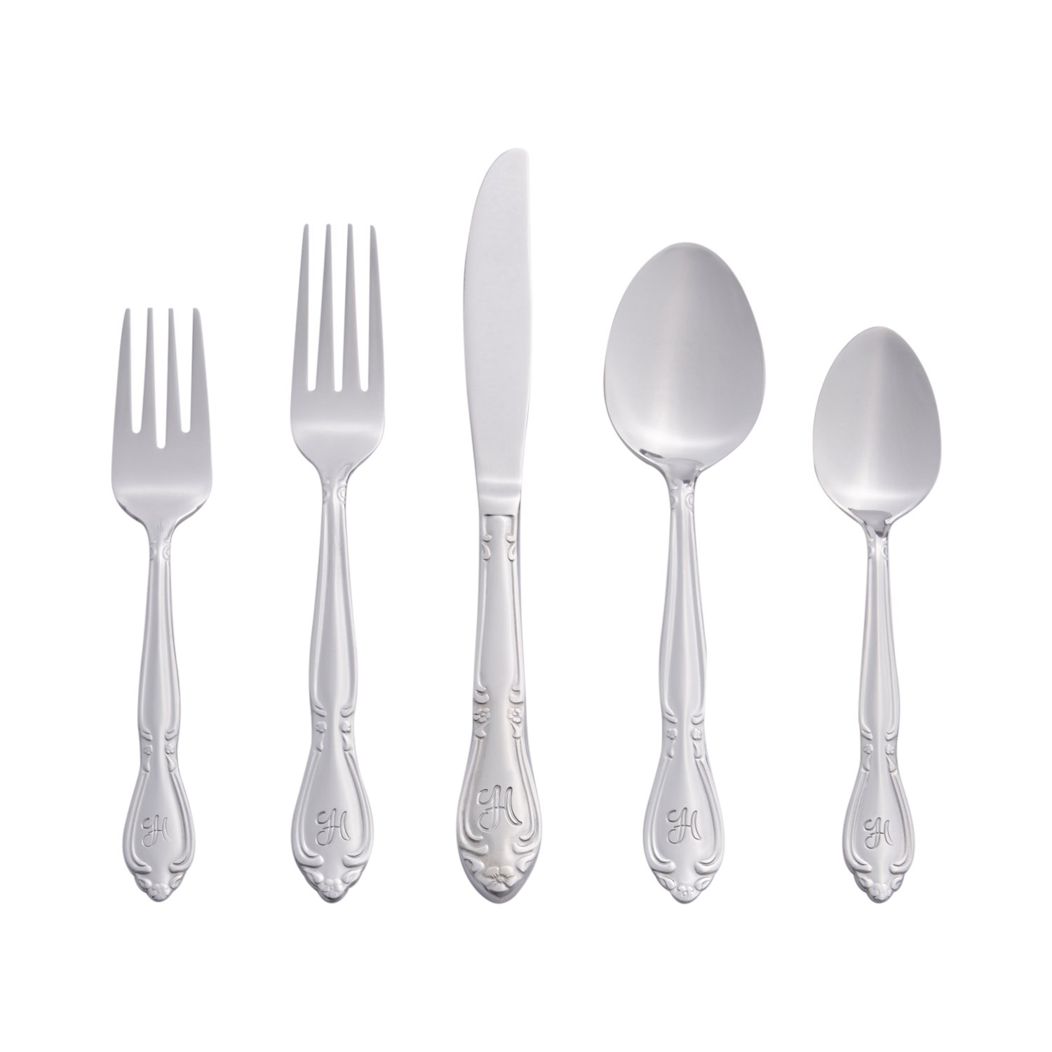 RiverRidge Rose Monogrammed Flatware Set 46 Piece Silverware - H - Utensils Set with Serving Pieces, Heavy Gauge Stainless Steel, Mirror Finish, Dishwasher Safe Cutlery for Daily Use
