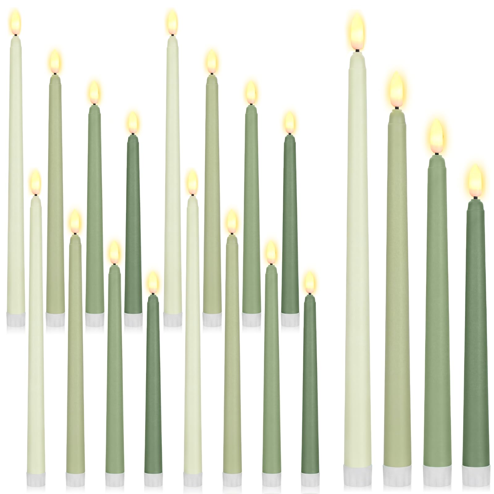 Rossesay 24 Pcs Flameless LED Taper Candles Battery Operated Candle 8.5", 9.65", 10.8", 12.8" Flameless Candlesticks Flickering for Christmas Church Wedding Indoor Decoration(Classic, Green Series)