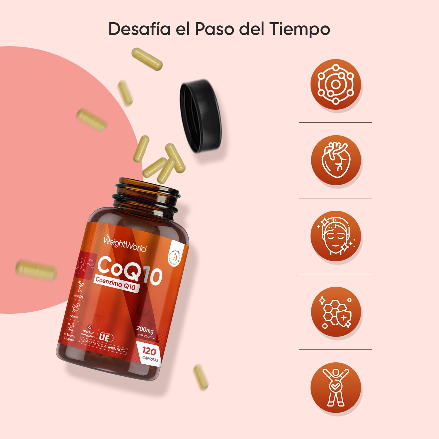 Coenzima Q10 200mg de Concentración 120 Cápsulas Veganas, 4 Meses de Suministro - Ubiquinona CoQ10, Suministro de 4 Meses, Sin Gluten, OGM ni Estearato de Magnesio