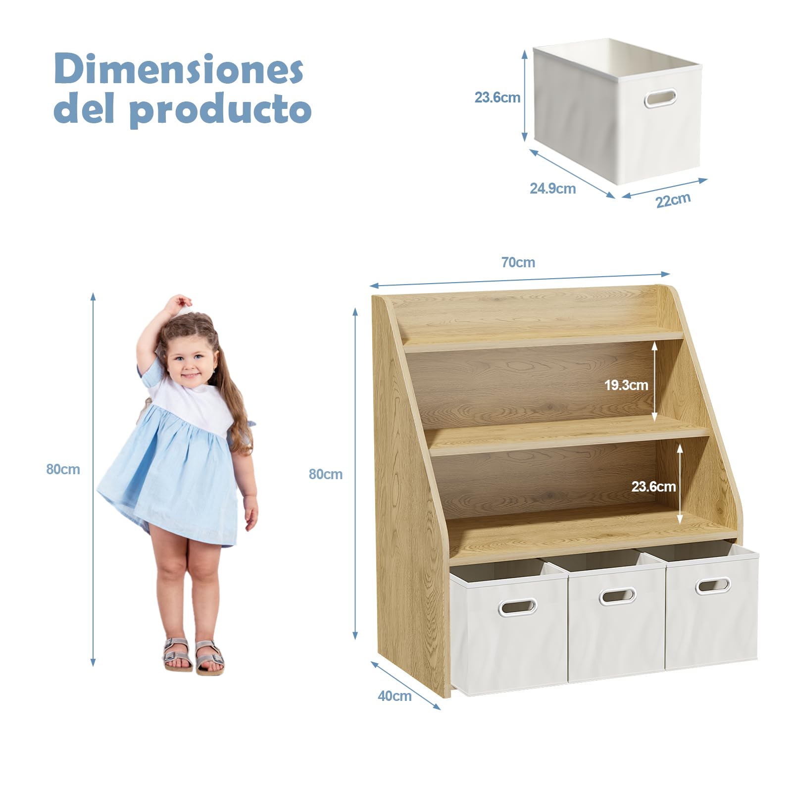 EFURDEN Organizador de Libros y Juguetes Montessori, Estantería Infantil con 3 Cajones de Madera - Sistema de Almacenamiento para Dormitorio, Decoración Habitación Niño/Niña
