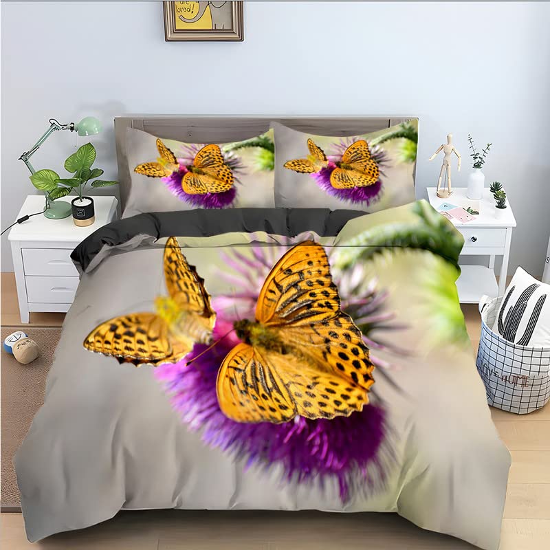 Housse de couette papillon gris 140x200 cm en microfibre douce avec deux taies d'oreiller