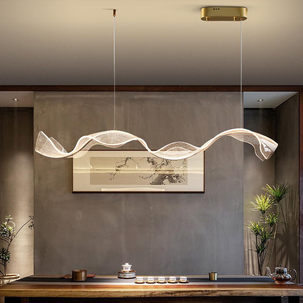 WLBHWL Modern LED Novelty Wavy Chandelier Lighting Dining Room Kitchen Island Home Decor Starry Acrylic Long Hanging Lights Restaurant Hotel Front Desk Pendant Lamps Dimming