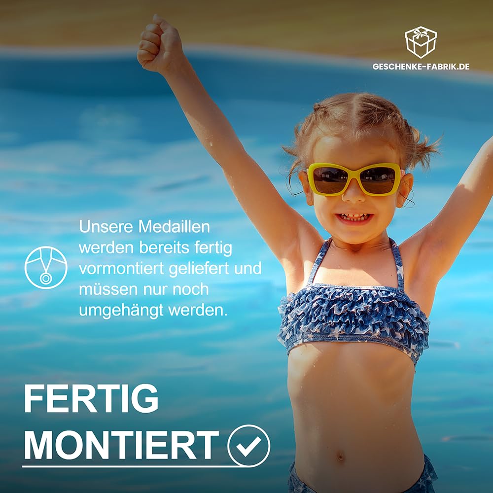 Pokal-Fabrik - Seepferdchen-Medaillen 10er Set Metall - Seepferdchenmedaille golden zum Umhängen für Siegerehrungen - Schwimmabzeichen Gold - Medaillen Kinder mit blauem Band für Vereine & Turniere