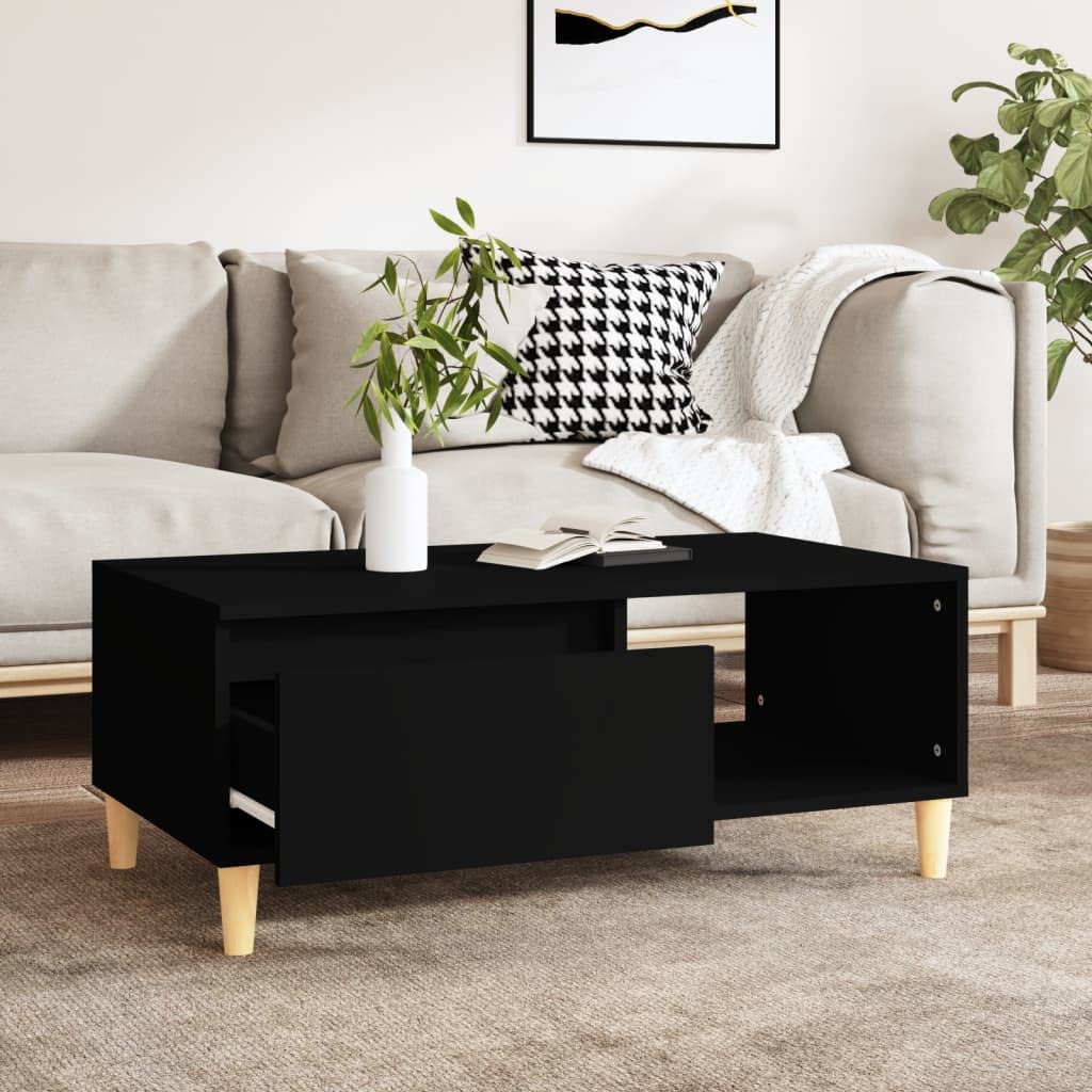 Mesa de Centro Madera contrachapada Negro Mesa de Centro Nórdica con Cajón y Almacenamiento para Salón 90x50x36,5 cm