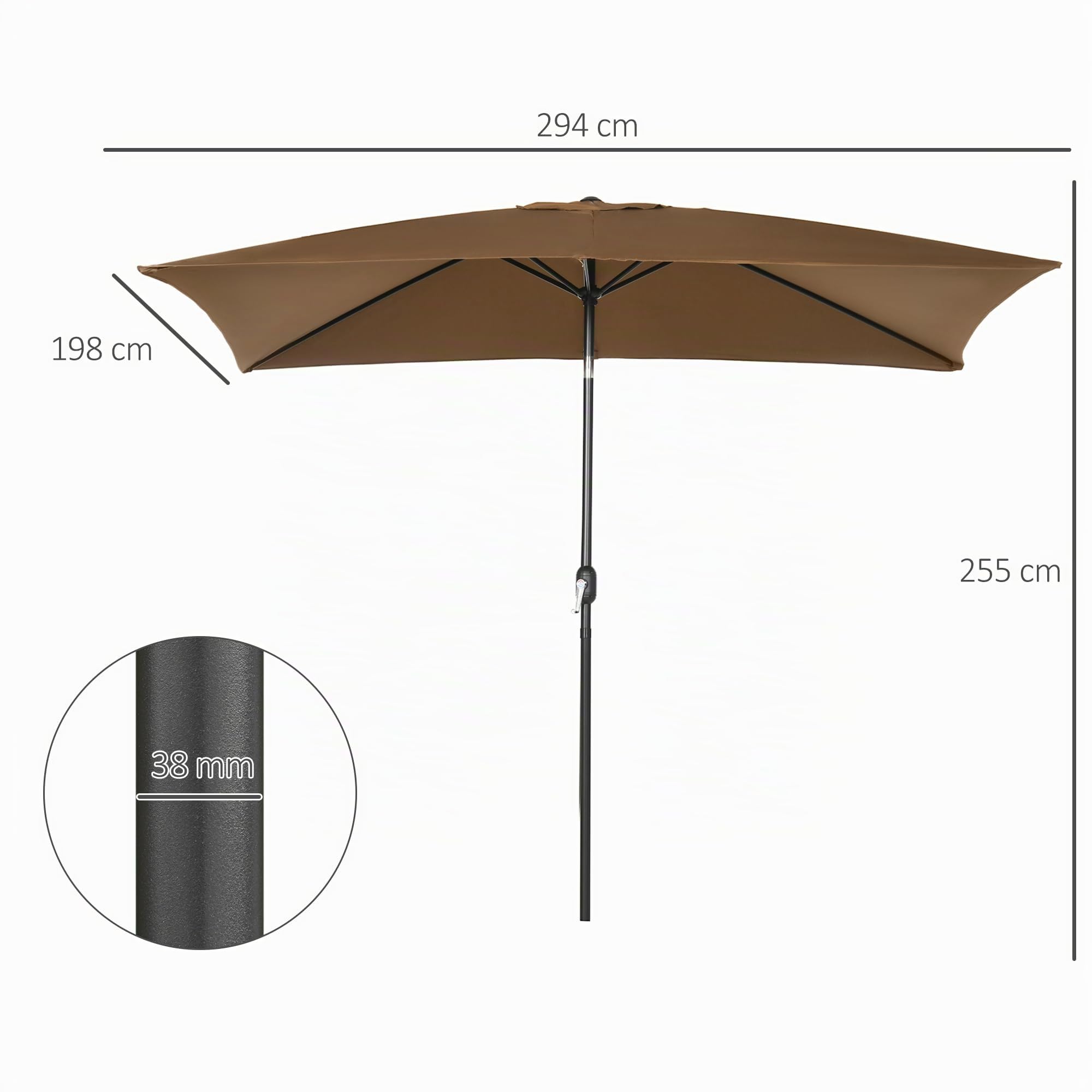 Outsunny Sombrilla de Terraza Exterior 200x300 cm Ángulo Ajustable Café | Parasol de Terraza Exterior, Mástil de Aluminio Desmontable, Manivela, Anti-UV, Sombrilla para Jardín, Patio, Café