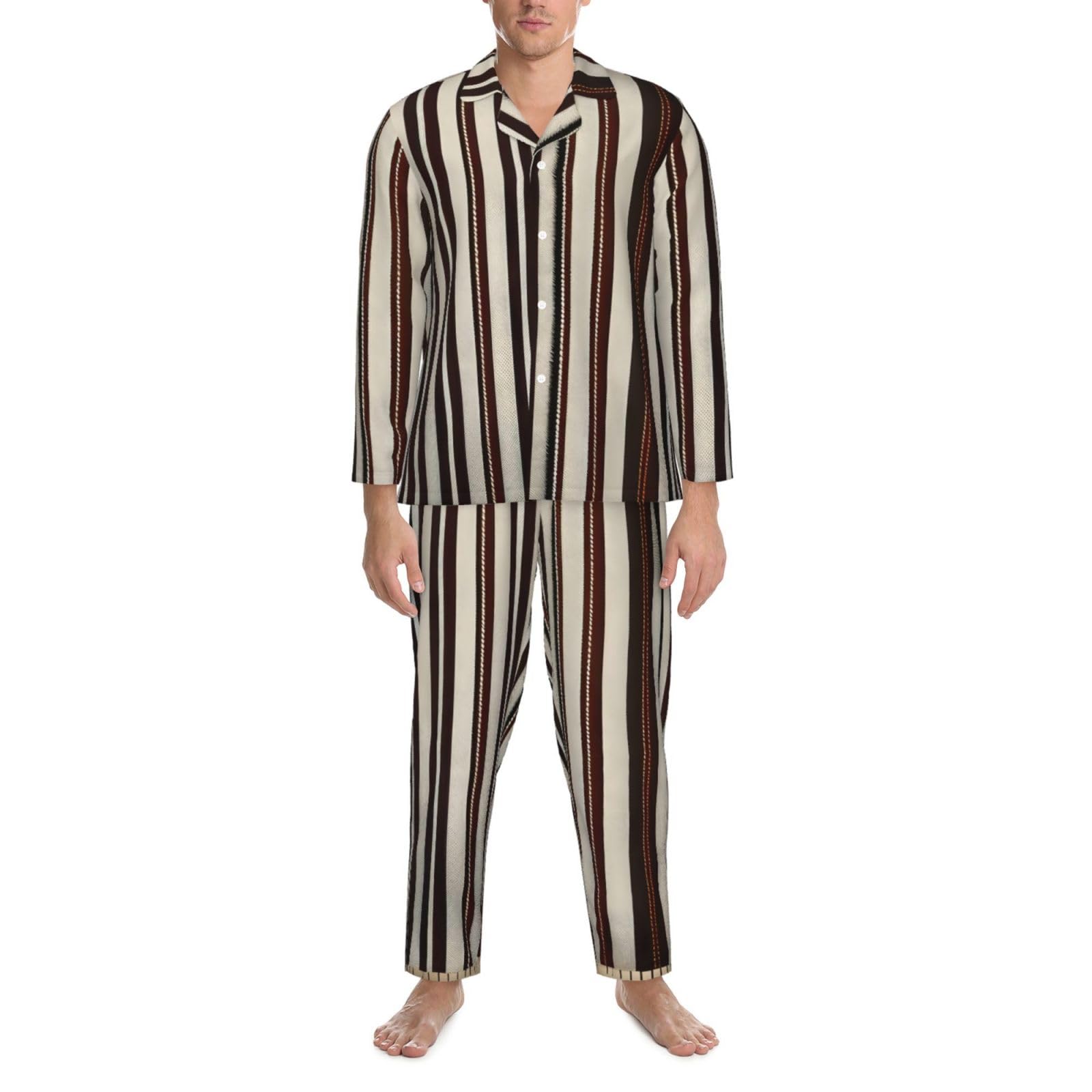 Herren-Pyjama-Set, langärmelig, gestreift, zweiteilig, bequem, Nachtwäsche, Braun