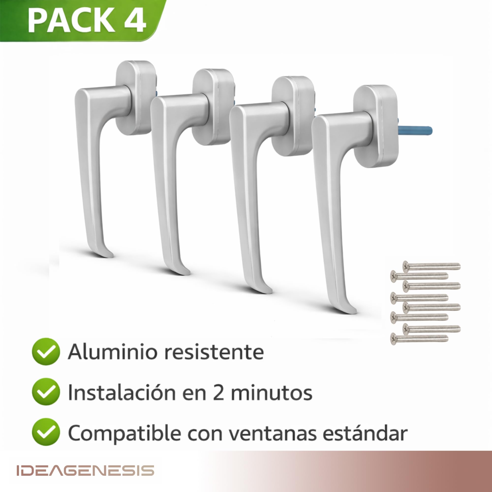 Confezione da 4 maniglie per finestra multipunto in alluminio argento – maniglia per finestre oscillanti e praticabili | Quadretto 7 mm universale | Maniglia resistente (4, argento opaco