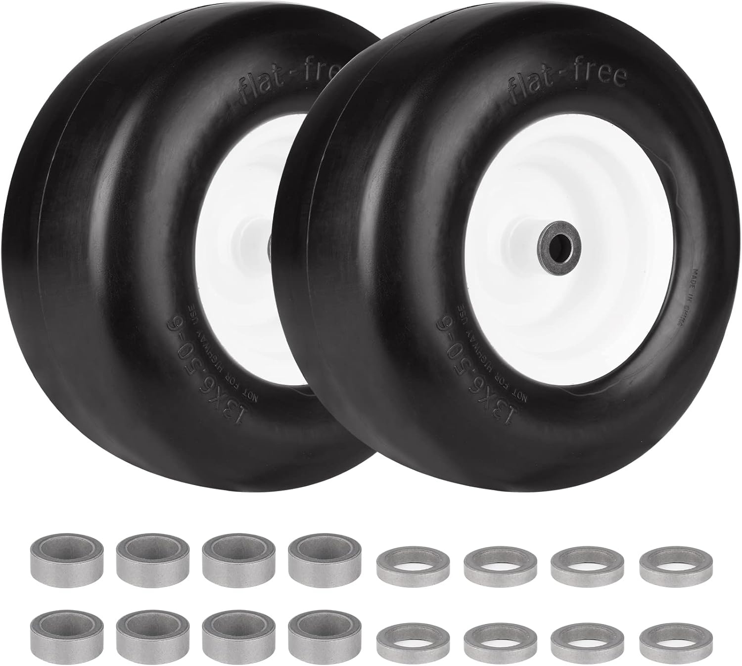 13x6.50-6 Heavy Duty Solid Tubeless Tire w/Steel Rim Fits Deck 38"- 68" Commercial Lawn Mower Garden Tractor- Hub Length 4"-7.1", Bore ?3/4" Grease Oil Infused Bushing (Set of 2)