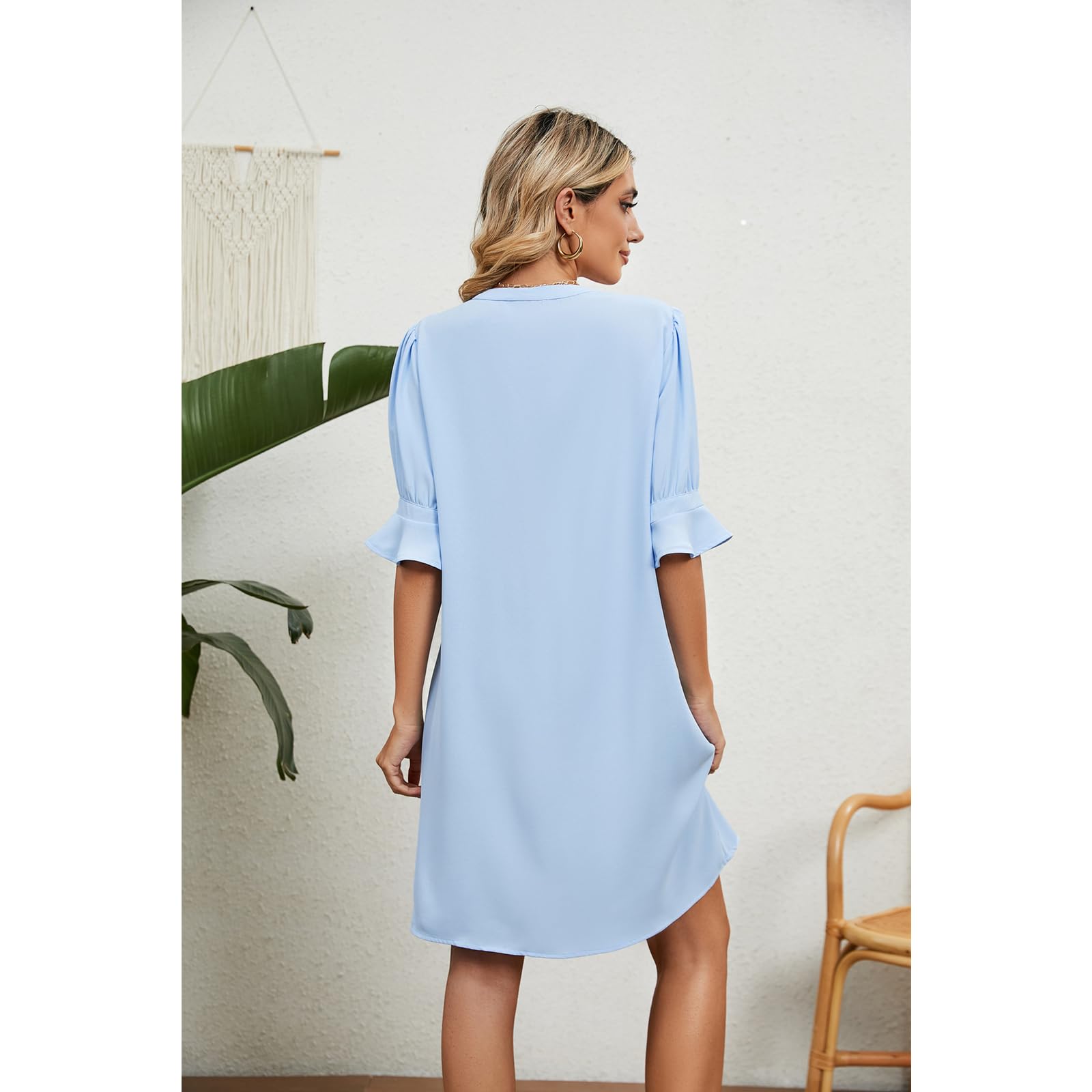 Vestidos de Verano Vestidos de Manga Corta de Cuello V de Verano para Mujeres Vestidos de Playa Larga Relajados Y Elegantes, HUTALIM, Azul cielo, s