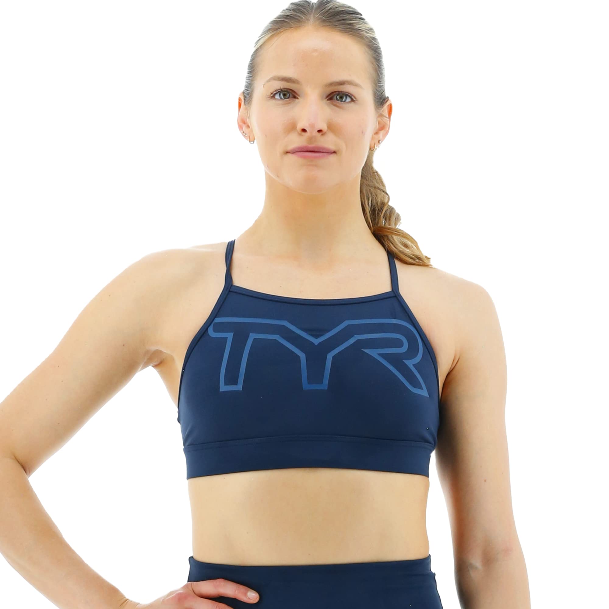TYR Women's Standard High Neck Performance Sports Bra, Dark Blue, X-Small