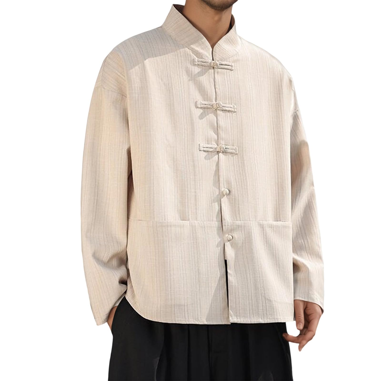 Costume tang pour homme - Blazer en lin pour le printemps et l'été - Veste de costume simple - Bouton cranté - Veste avec poche - Style rétro traditionnel - Mélange coton et lin - Col montant