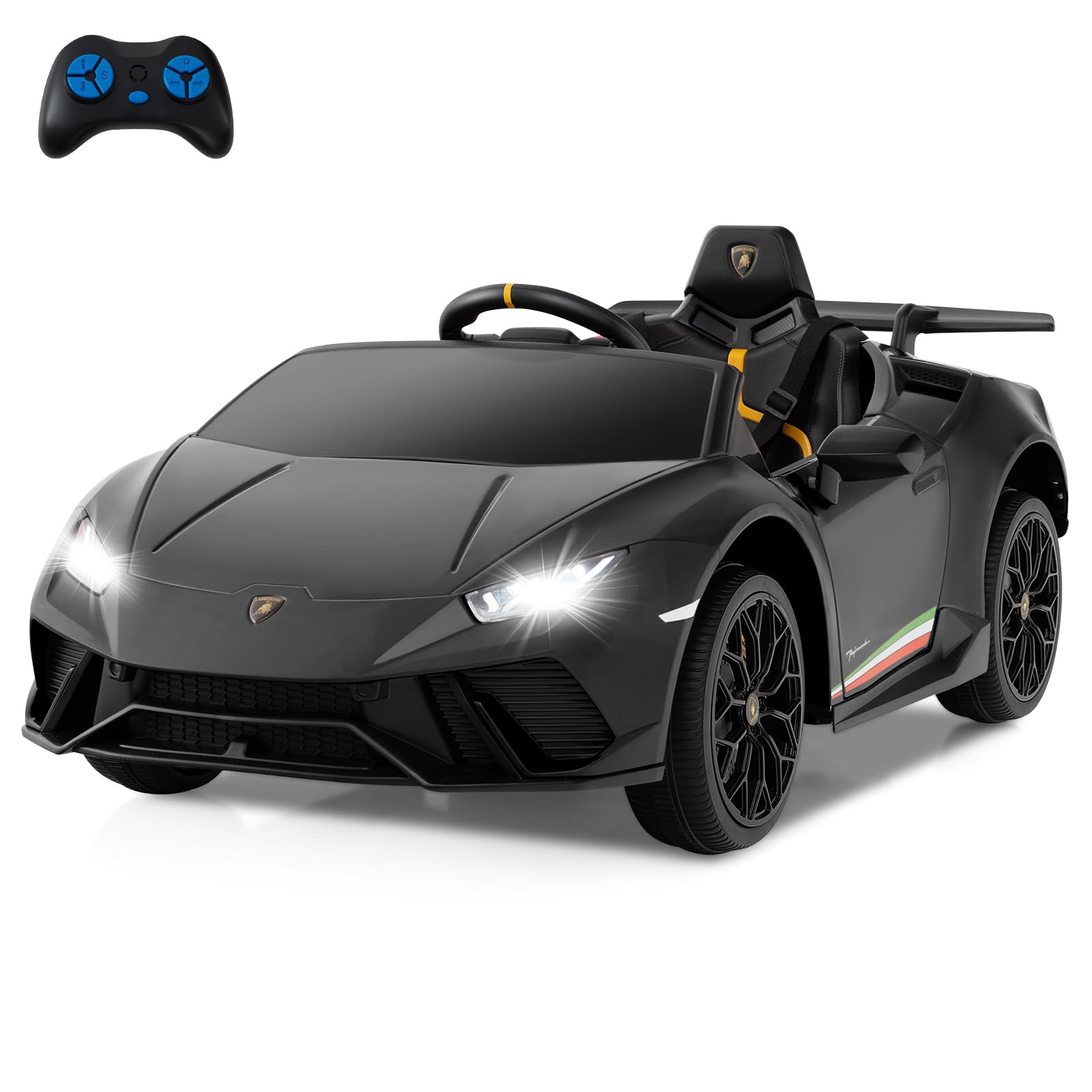 Licensed Lamborghini Huracan Ride on Car by INFANS, 12V Kids Electric Vehicle Battery Powered Toy with Remote Control, LED Lights, Spring Suspension, Bluetooth, MP3, Aged 3-8 Years (Black)OEKO-TEX STANDARD 100