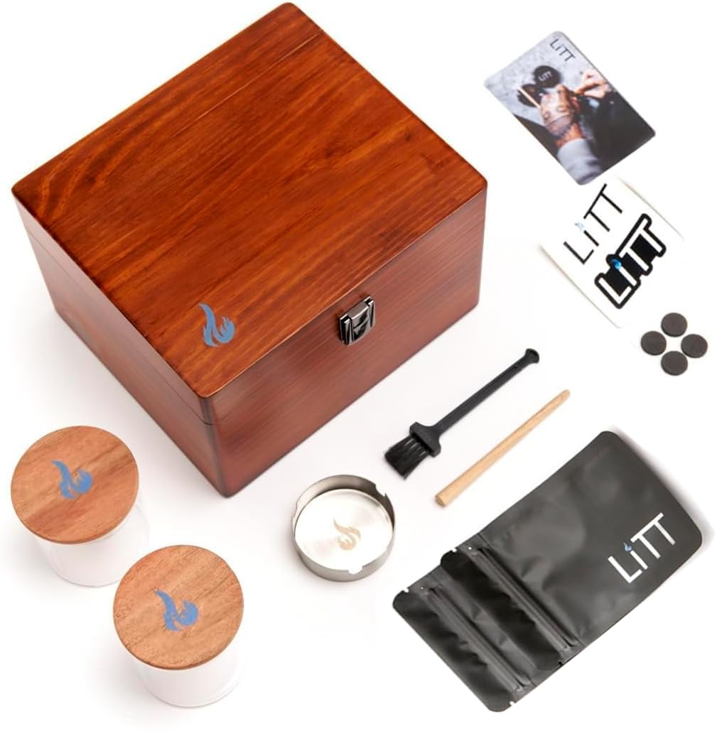 Litt Brown Stash Box - With Built-In Wooden Rolling Tray, Smoking Accessories Wooden Rolling Box Organiser With Storage Compartments | Smell Proof | Glass Jar | Smoking Box - Large
