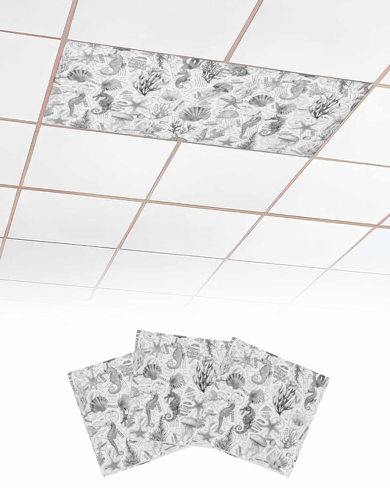 Ocean Nautical 3 Pcs Fluorescent Light Covers for Ceiling Lights, Summer Retro Shell Starfish Seaweed Magnetic Light Filters for Eliminate Harsh Glare Classroom Office Decoration, 4 x 2 Ft