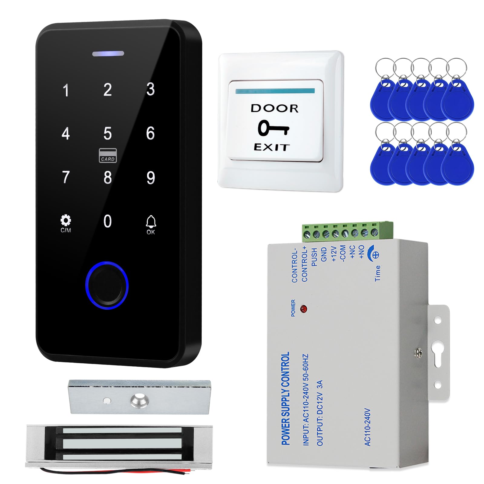 Tuya - Kit de sistema de control de acceso inteligente - Unidad de control de acceso de teclado retroiluminado, bloqueo electromagnético de 180 kg, adaptador de corriente de 12 V/3 A, 10 tarjetas IC