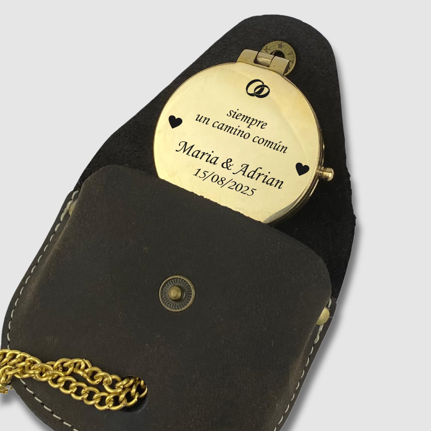 Brújula personalizada de latón pulido con grabado personalizable con tu nombre y texto en diferentes diseños, gran idea de regalo de piel en caja de madera