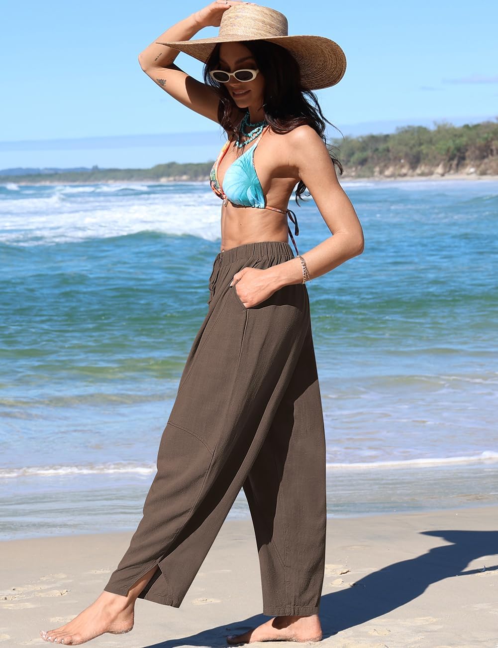 TARSE Women's Linen Harem Pants Casual Loose Fit Wide Leg Cropped Lightweight Drawstring Elastic Waist Pants with Pockets - Image 3