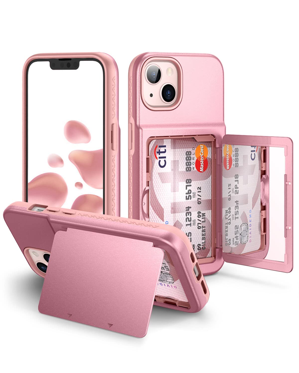 WeLoveCase for iPhone 13 / iPhone 14 Wallet Case with Credit Card Holder & Hidden Mirror, Two Layer Shockproof Heavy Duty Protection Cover Protective Case for iPhone 13/14 6.1 Inch - Rose Gold