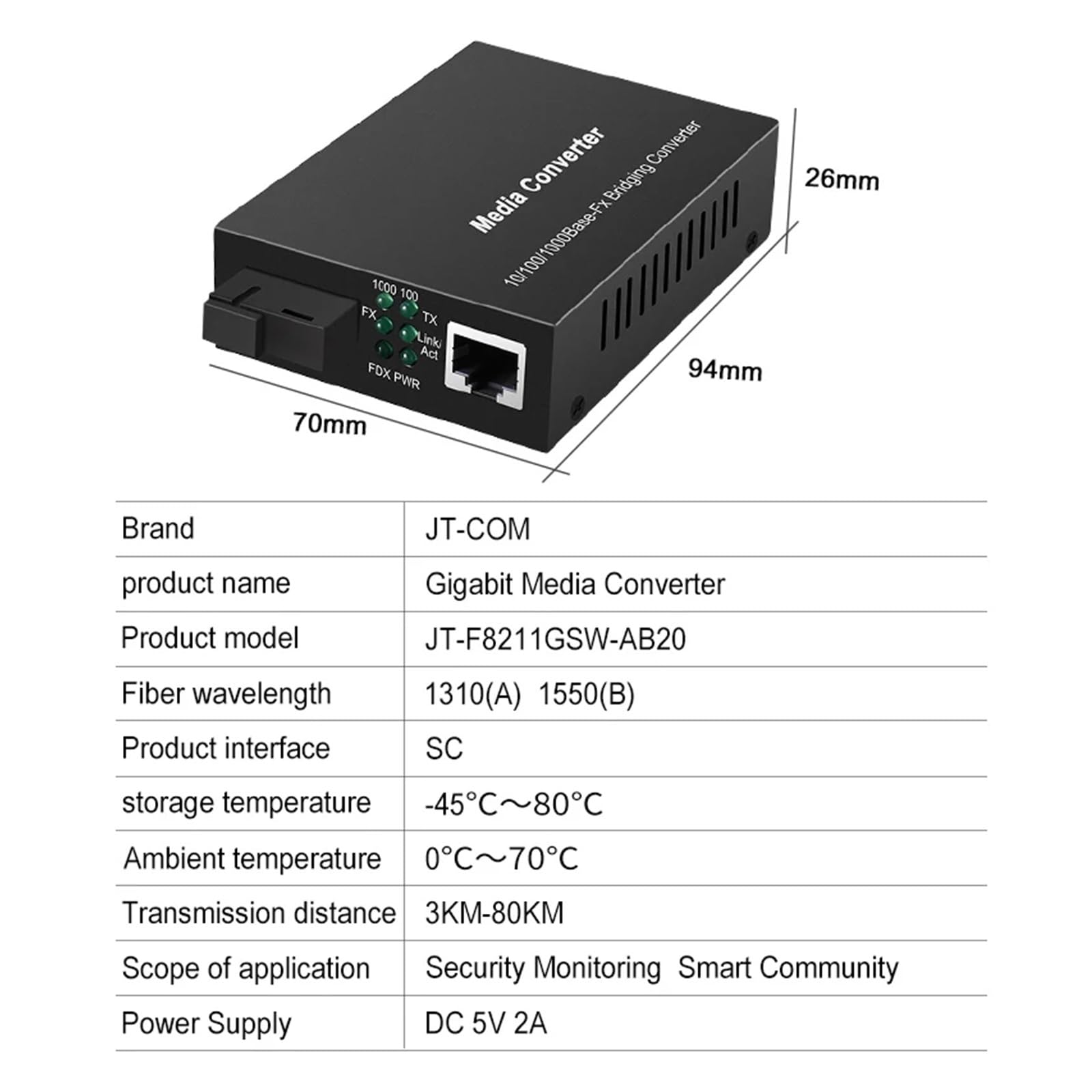 Convertisseur Gigabit 20/40 km Fibre Optique vers RJ45 monomode, commutateur Ethernet émetteur-récepteur Fibre Optique 10/100/1000 mètres(1pair 1G1E 20km)