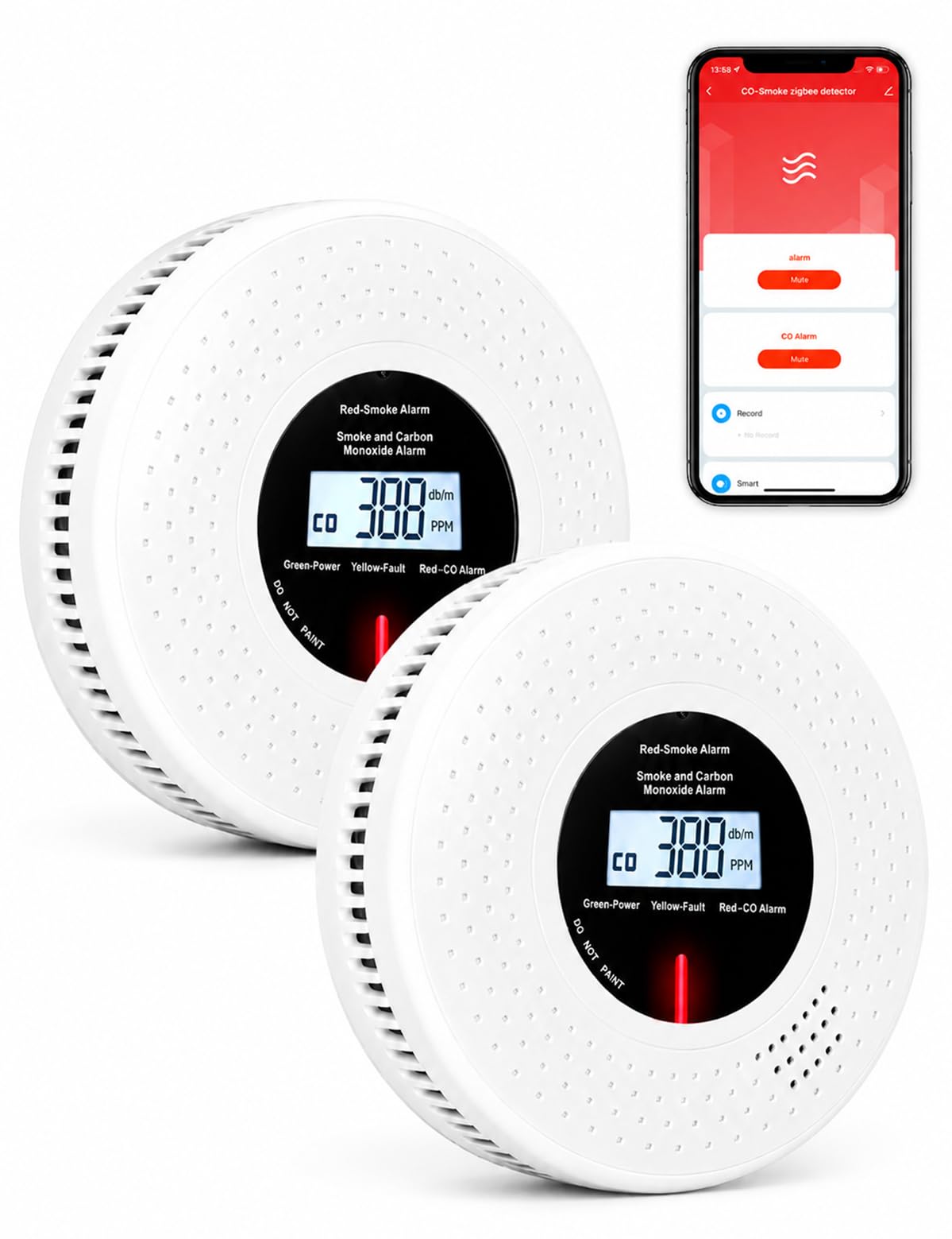 MOES Rilevatore di Fumo e Monossido di Carbonio Smart Zigbee, 2 Pz | Gateway Zigbee richiesto, durata sensore 10 anni, dati LCD in tempo reale, allarme 85 dB, controllo app