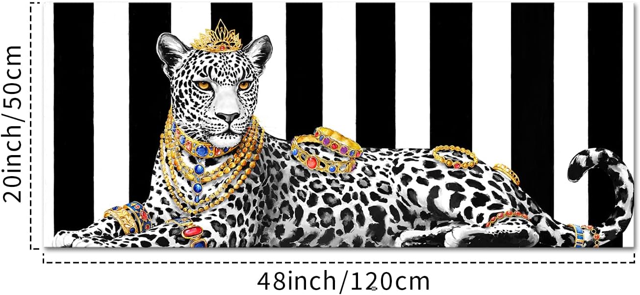 KREATIVE ARTS Luxury Leopard Wall Art 20x48 Inch Framed Canvas Glam Animal Print Jungle Decor Black and White Striped Background Modern Artwork for Bedroom Living Room Office Ready to Hang