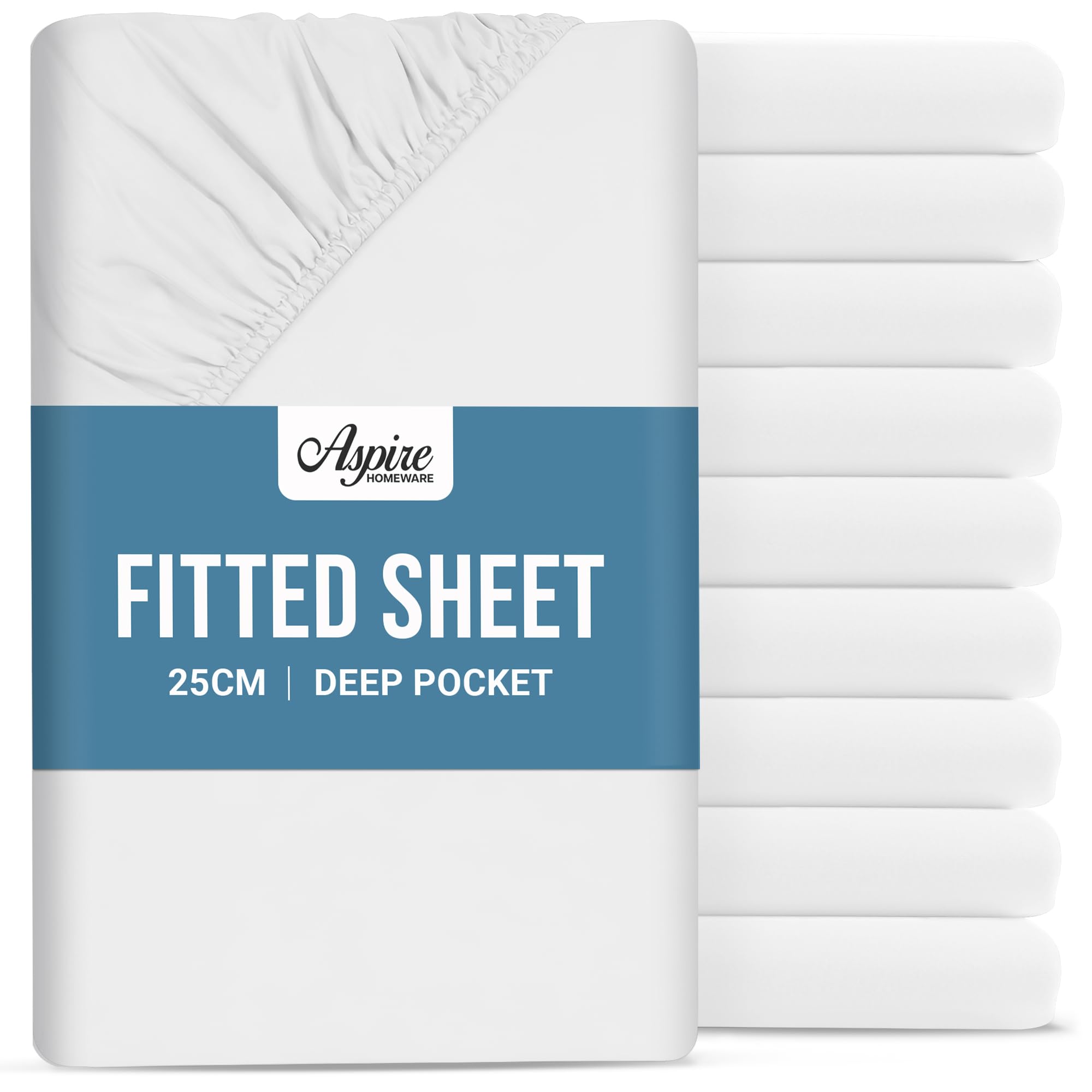 Aspire Homeware King Size Fitted Sheets 10 Pack - 25 cm Deep Hotel Quality (White) Bed Sheets - Soft & Breathable Fitted Sheets King Size - Anti-Wrinkle Easy Care Fitted Sheet — image 1
