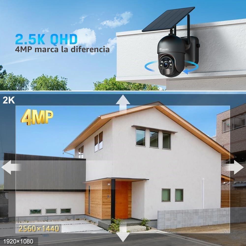 Ctronics 4MP 4g Cámara Vigilancia Solar, 2.5K QHD, Batería 10400 mAh, Panel Solar 6W, Visión Nocturna Color 30m, Remoto PC/App, Alarma de Luz y Sonido, Detección Humana AI PIR, FTP/Cloud/128GB, IP66