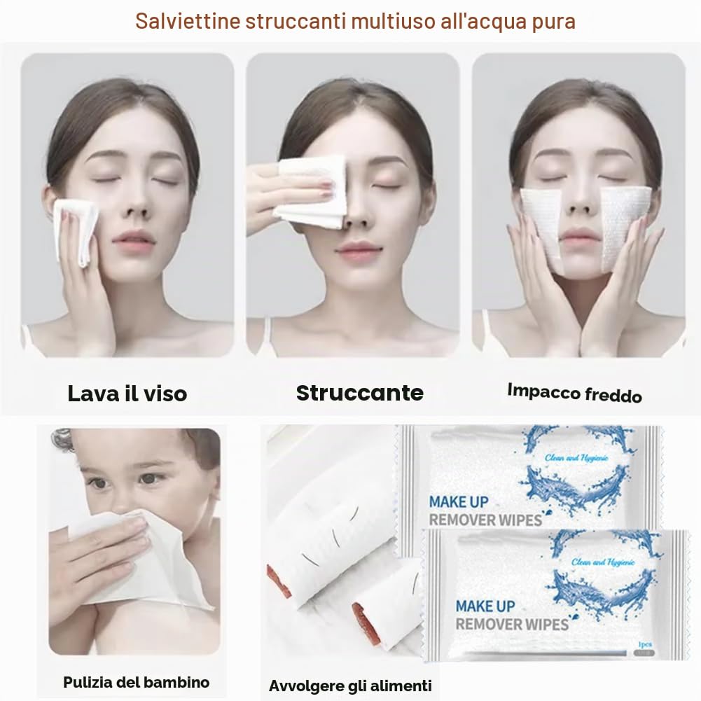 Confezione da 50 salviette struccanti usa e getta confezionate singolarmente, da viaggio, delicate sulla pelle; salviette igieniche delicate per il viso, salviette detergenti con acqua pura per viaggi
