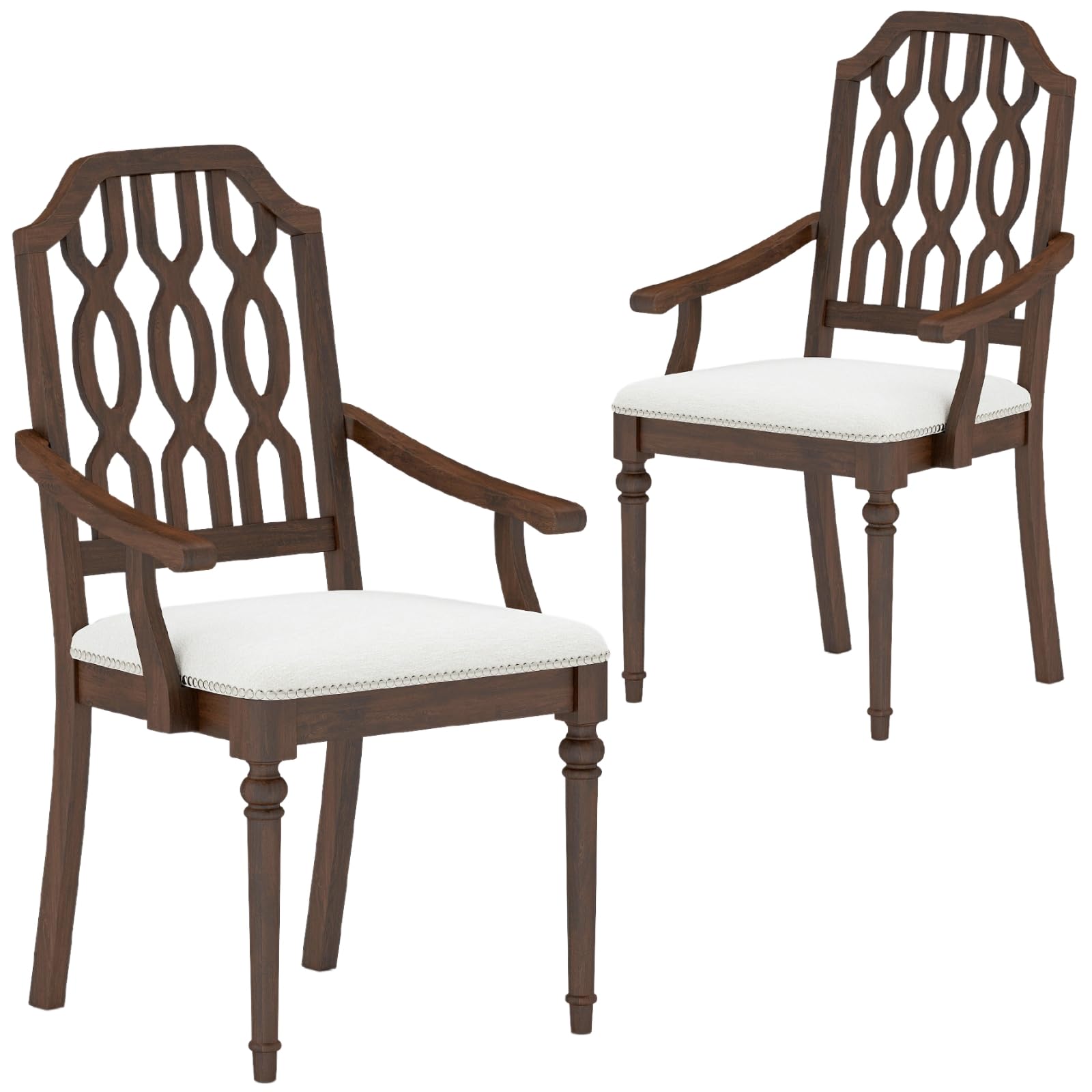 chairus Farmhouse Dining Chairs Set of 2, French Country Vintage Wooden Dining Room Chairs with Arm, Lattice Back & Turned Legs, Rustic Chenille