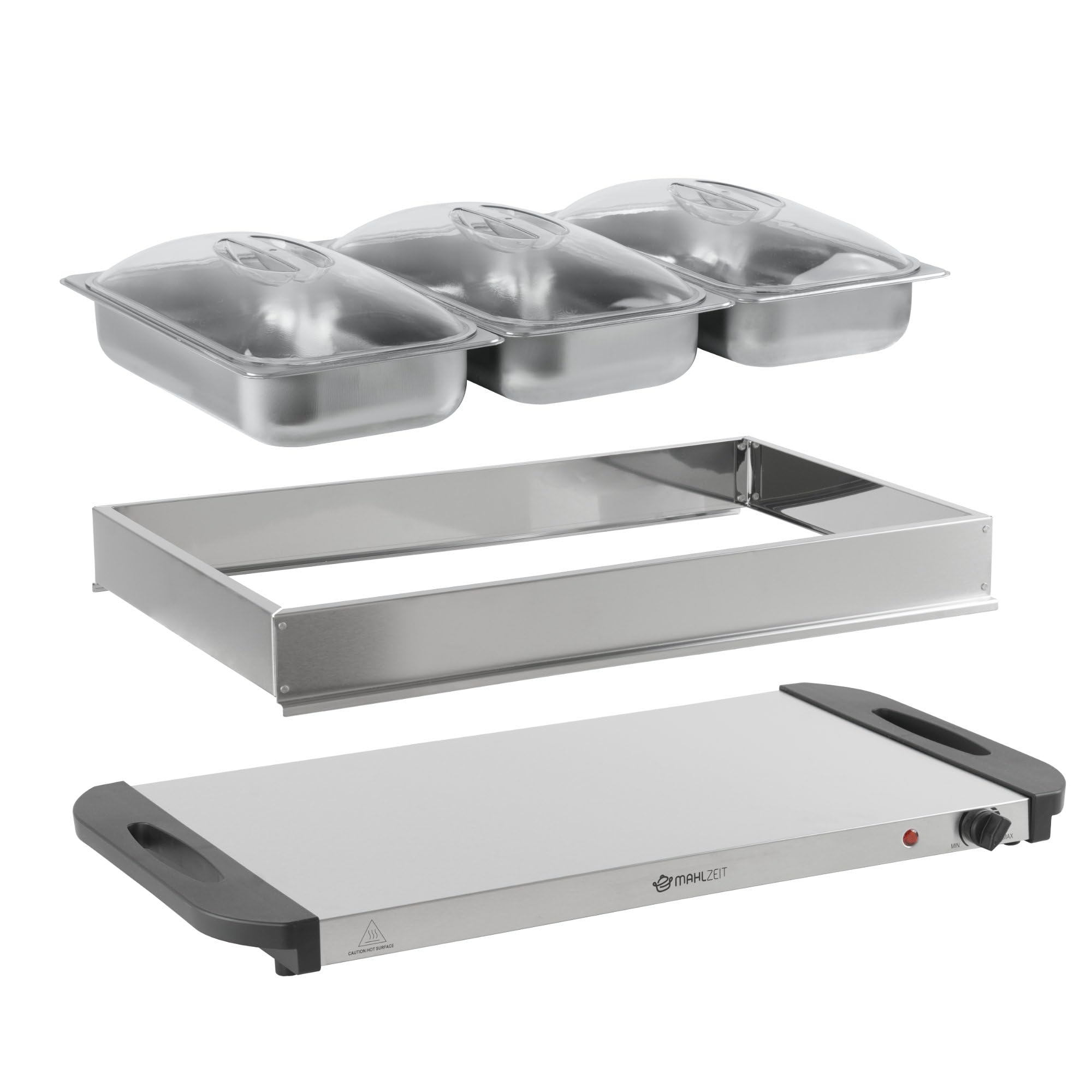 Mahlzeit Podgrzewacz bufetowy 2 w 1 | 300 W, 220-240 V | podgrzewacz do potraw ze stali nierdzewnej z 3 pojemnikami na żywność 2,5 l | elektryczny podgrzewacz do potraw Chafing Dish, płyta utrzymująca