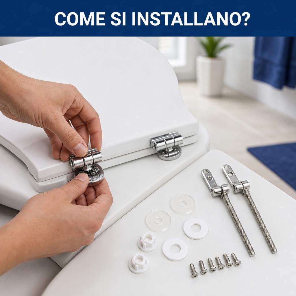 Cerniere Copriwater Universali Acciaio Inox HM con Viti e Guarnizioni, Kit Fissaggio Sedile WC Rotondo MDF Legno Resina, Ricambio Tavoletta WC